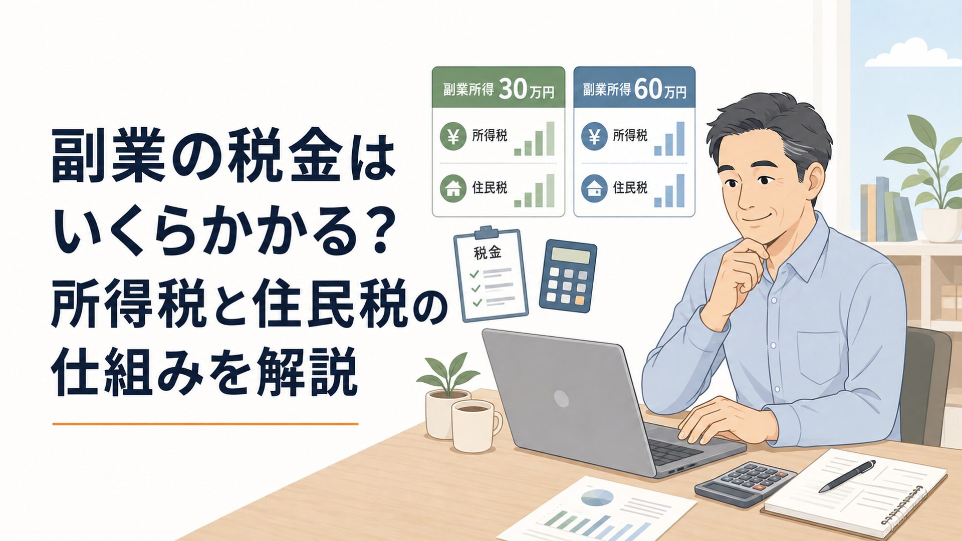 副業所得30万円と60万円の所得税と住民税を計算する会社員