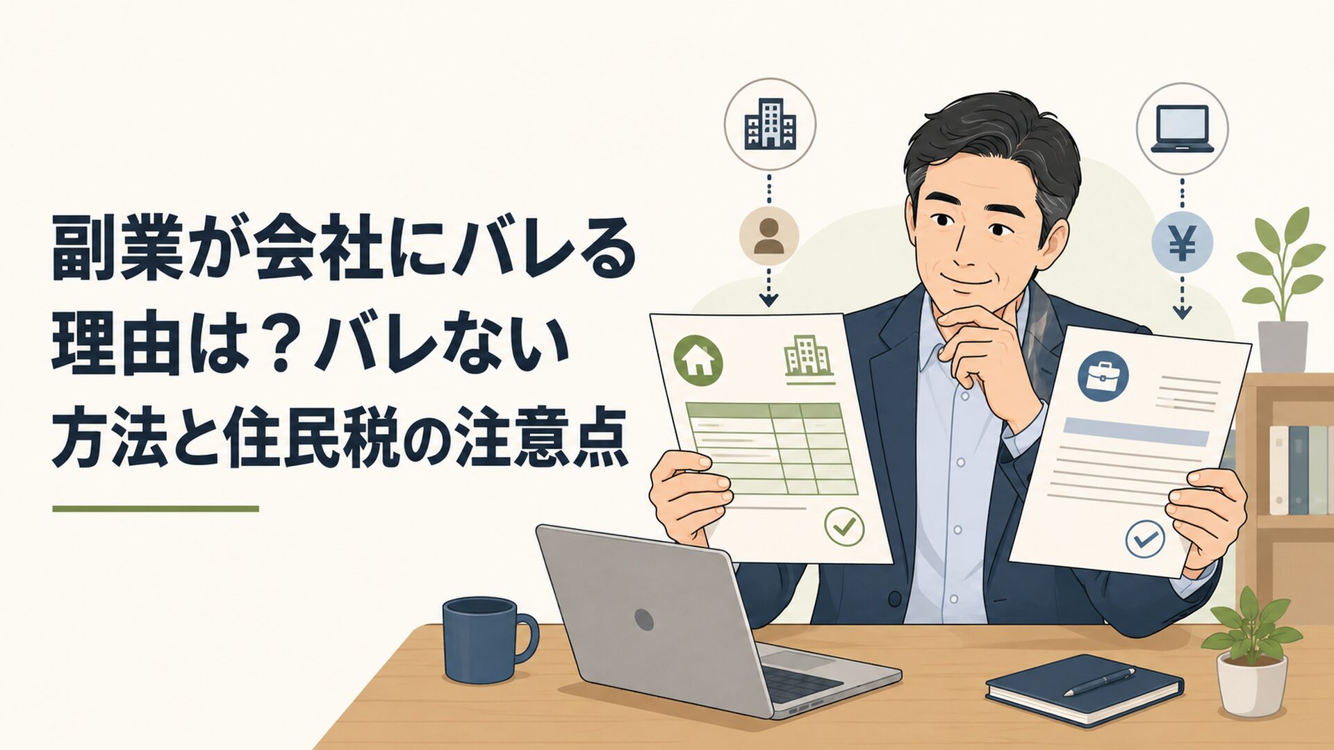 住民税通知書と副業契約書を並べ会社に知られる経路を確認する会社員