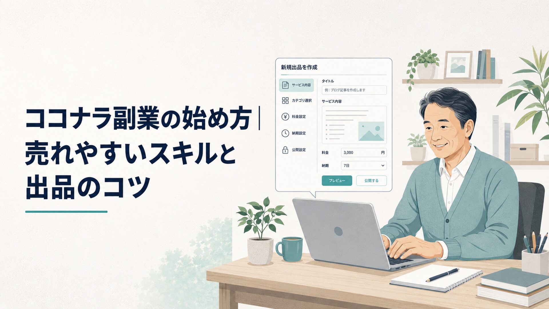 自宅のパソコンでココナラの初出品ページを作成するミドル世代の会社員