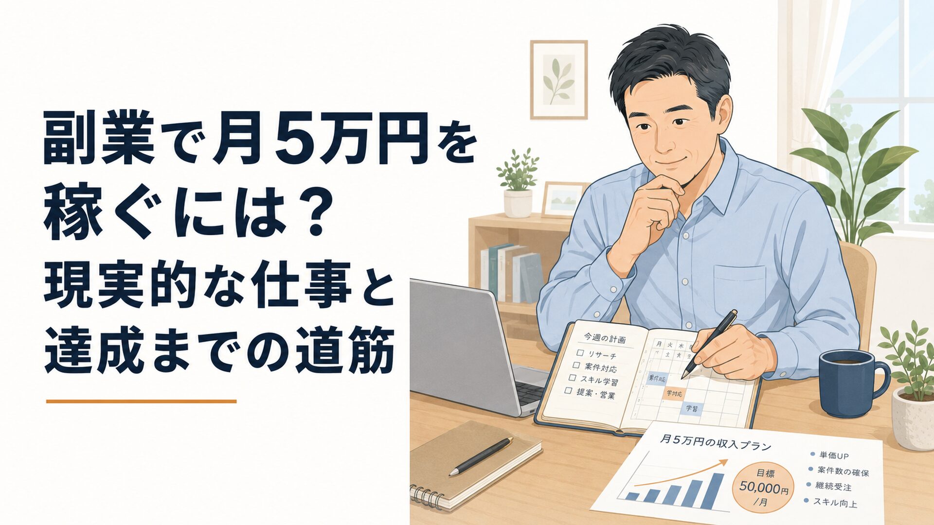 副業で月5万円を目指す会社員が予定表と収入計画を確認する場面