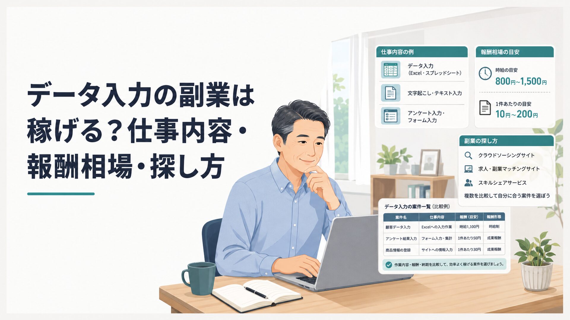 在宅のパソコンでデータ入力案件の仕事内容と報酬を比較するミドル世代の会社員