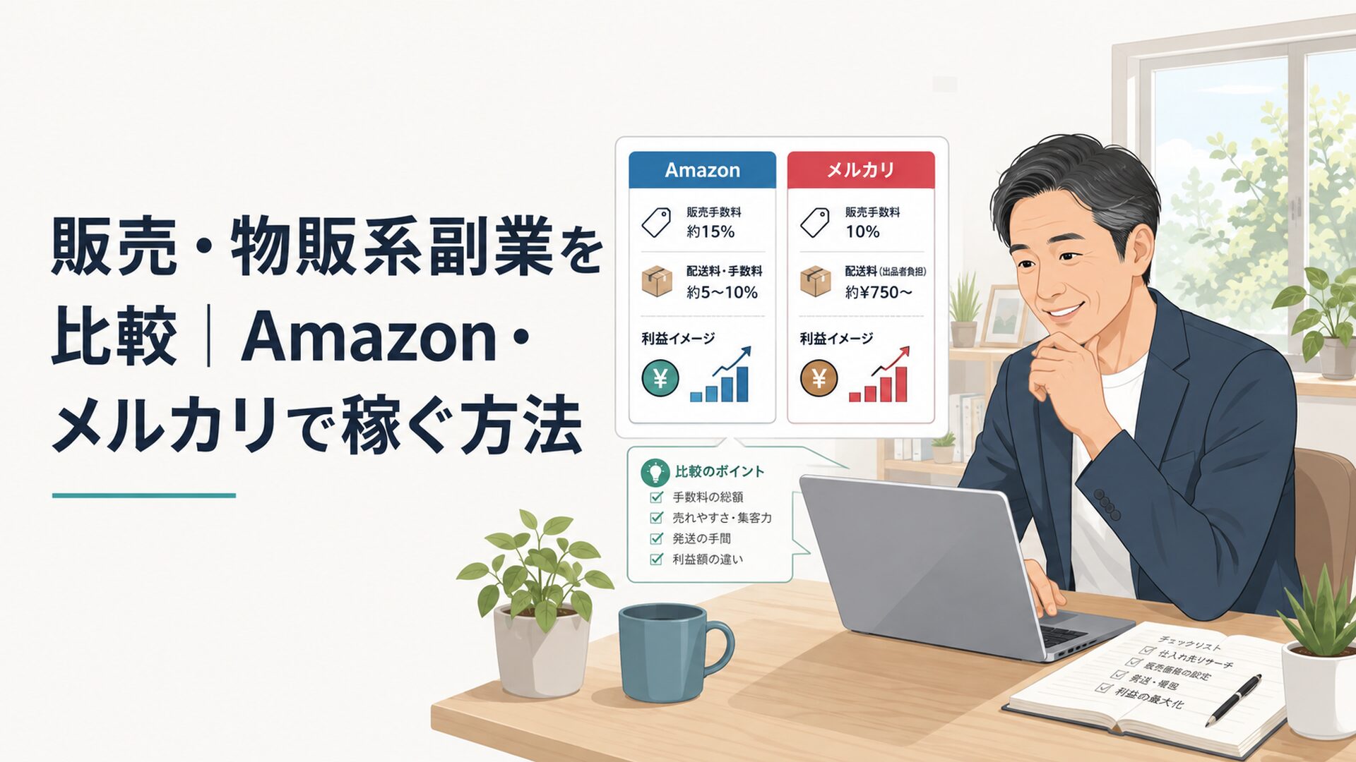 Amazonとメルカリの手数料や利益を比較し物販副業の始め方を考えるミドル世代の会社員
