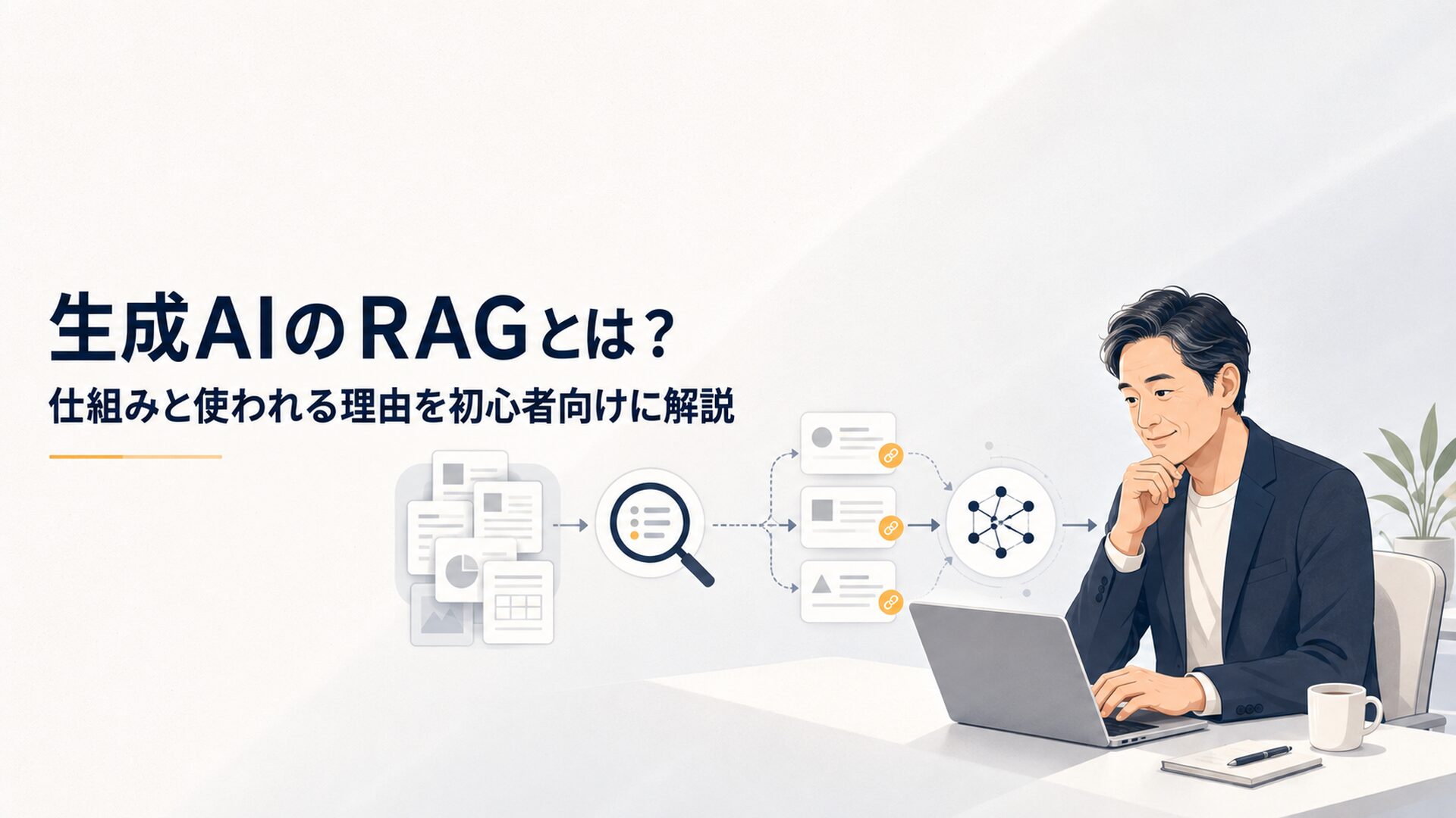 生成AIが社内資料を検索し根拠を確認して回答するRAGの仕組みをパソコンで学ぶ中年会社員