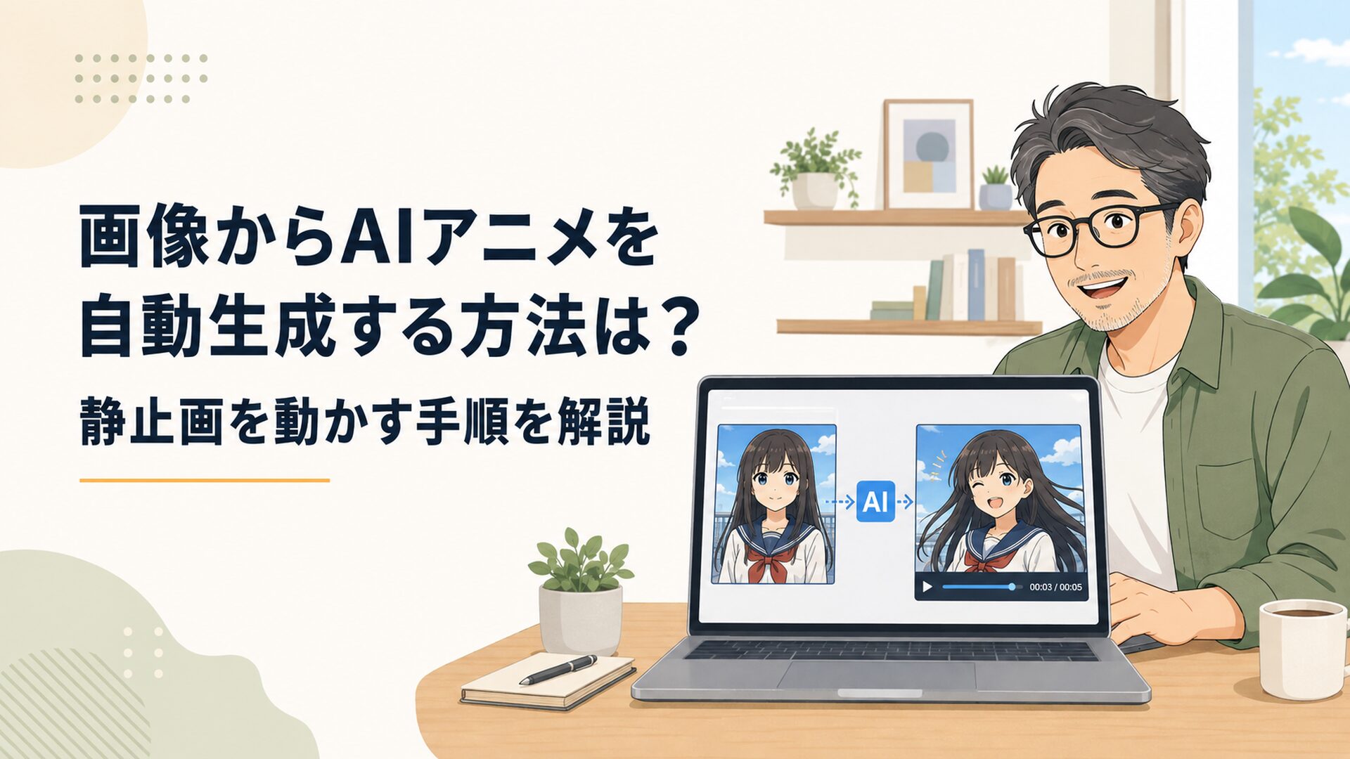 パソコン上のアニメ風オリジナルキャラクターの静止画に、AIでまばたきや髪の揺れを加えて短い動画へ変換している様子