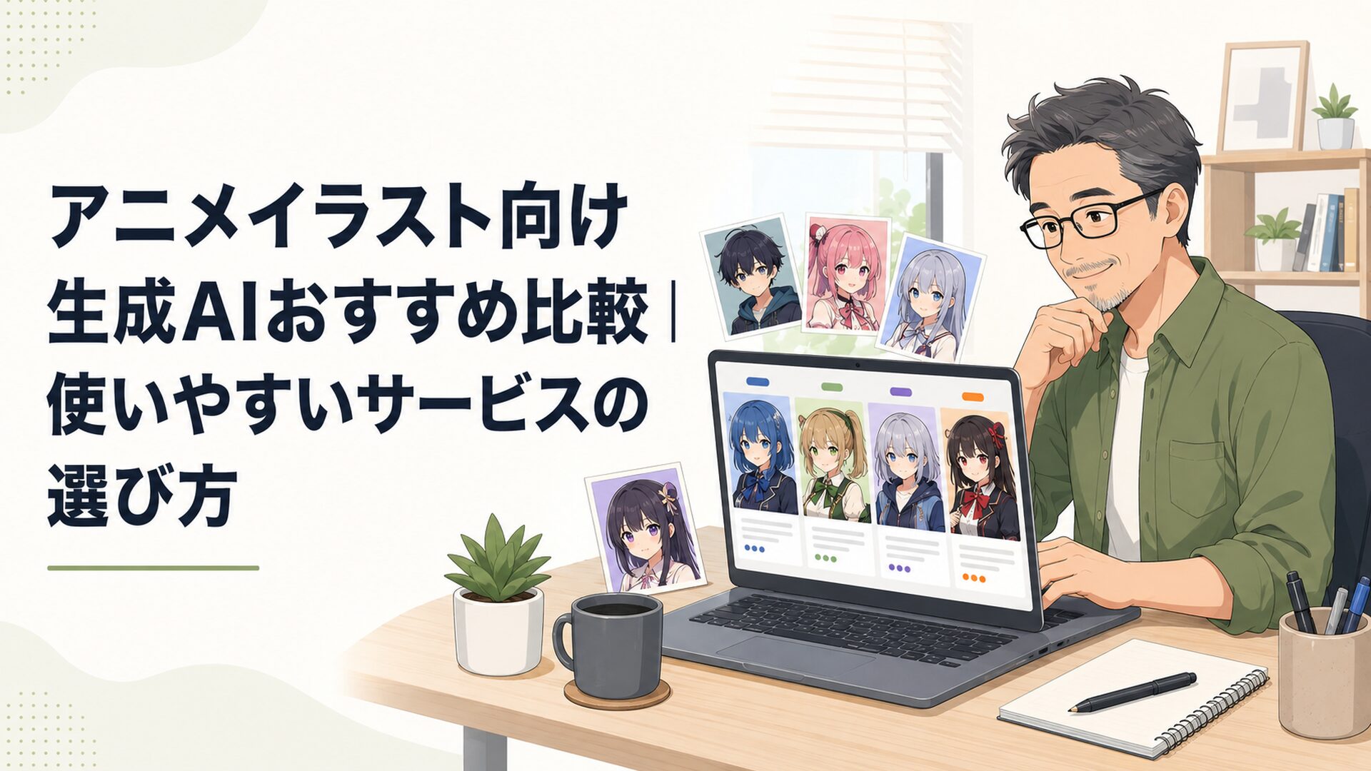 アニメイラスト生成AIを比較するノートパソコン画面と複数のキャラクター画像