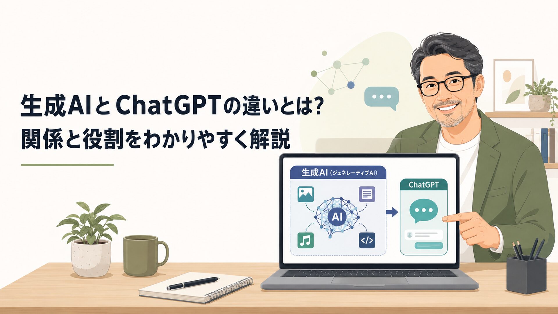 生成AIとChatGPTの関係を整理するパソコン画面とAIのイメージ