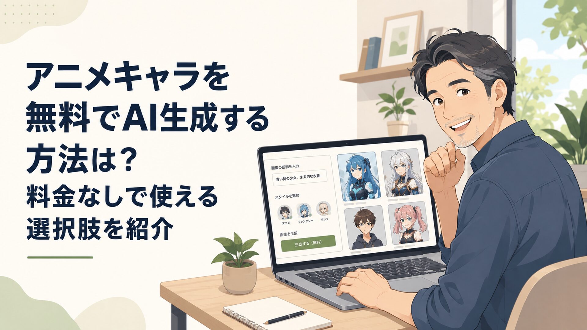 パソコンを使って無料のAI画像生成サービスでオリジナルのアニメキャラを作る中年男性
