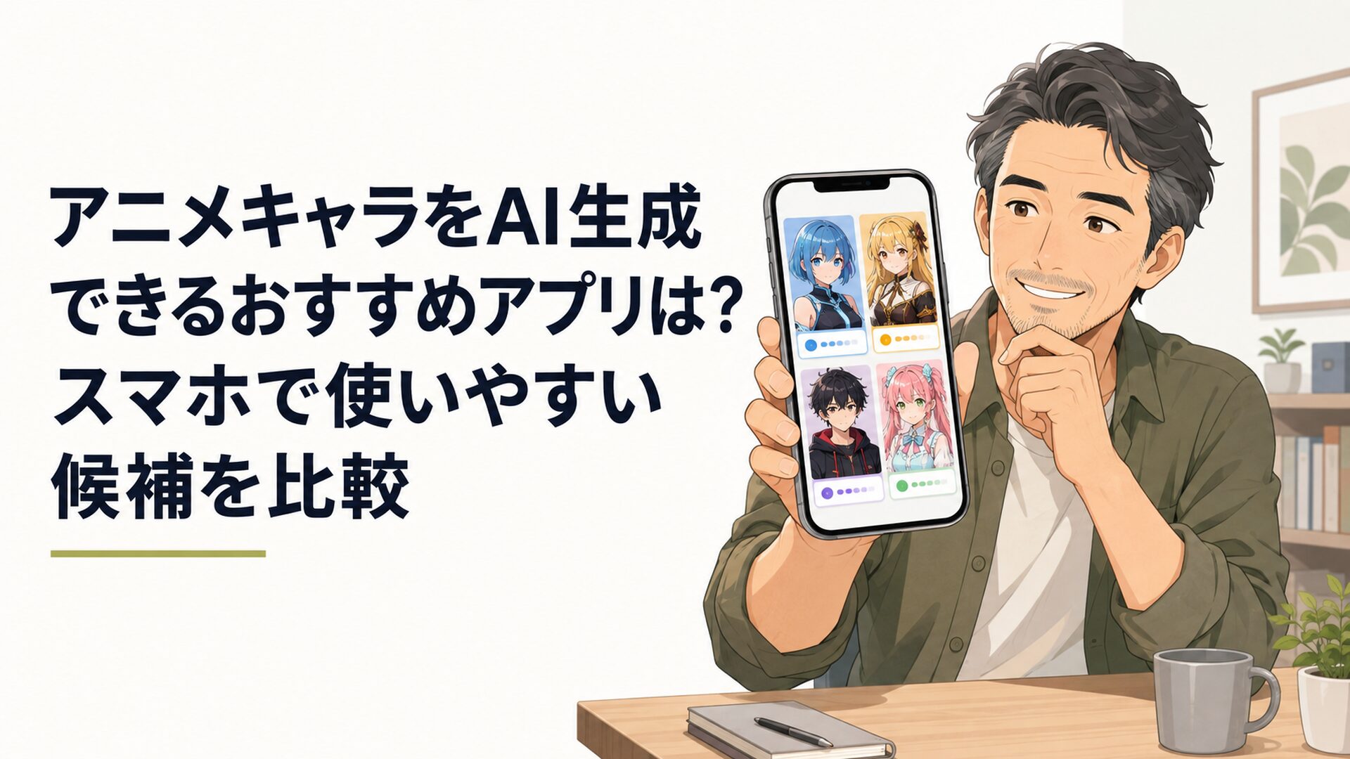 スマートフォンで4種類のAI画像生成サービスを比較しながらオリジナルのアニメキャラクターを作る中年男性