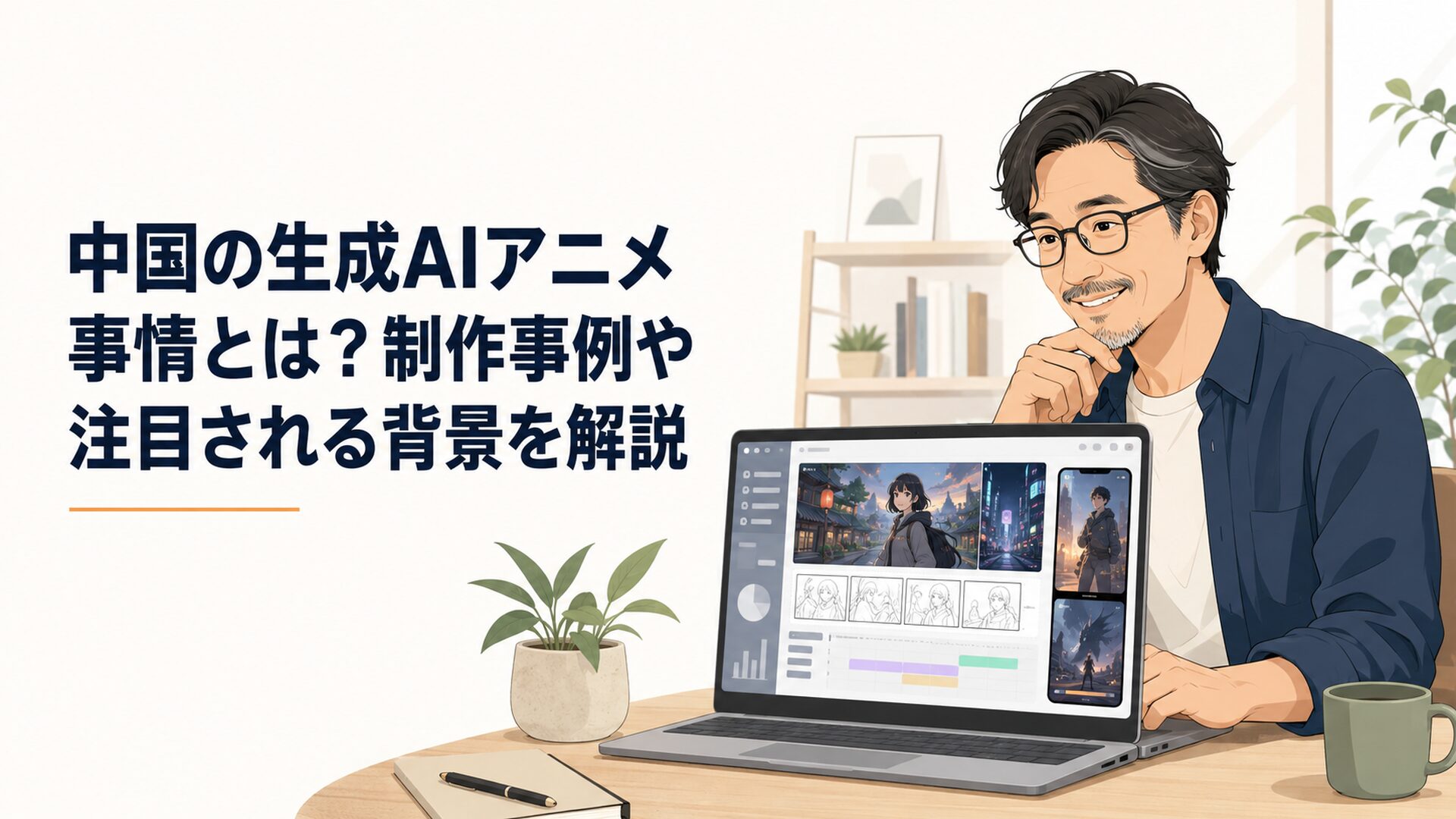 中国の生成AIアニメや縦型AI漫劇の制作画面をパソコンで調べる中年男性