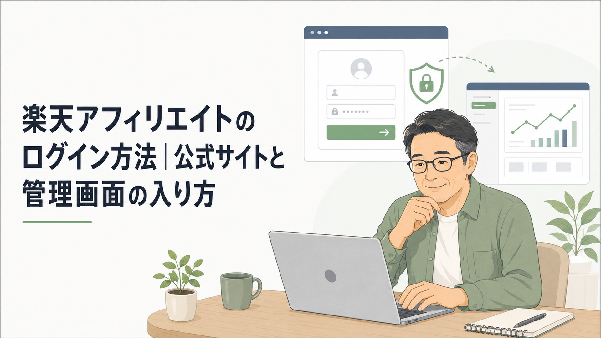 ノートパソコンで楽天アフィリエイトのログイン画面を確認する男性