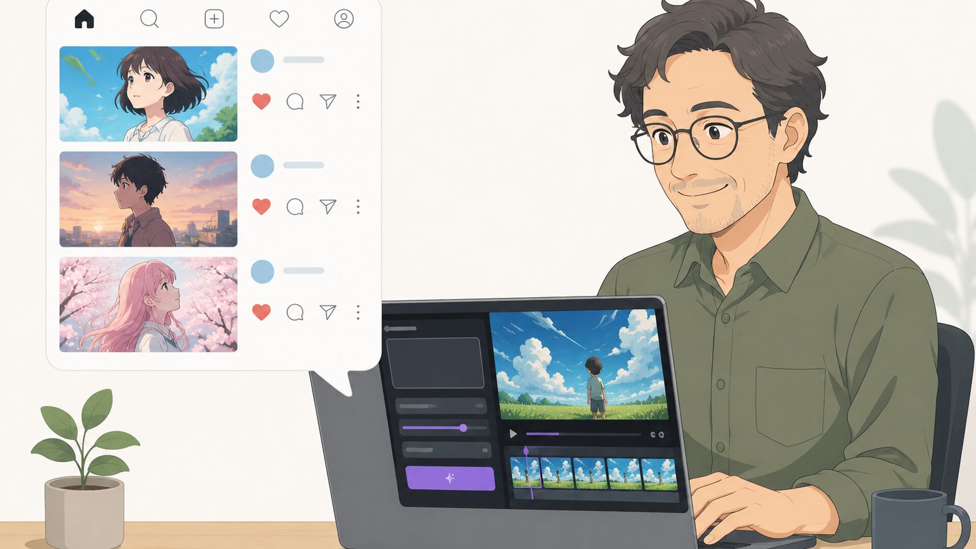 アニメキャラクター風のAI動画が並ぶSNS画面と動画生成AIを操作するパソコン