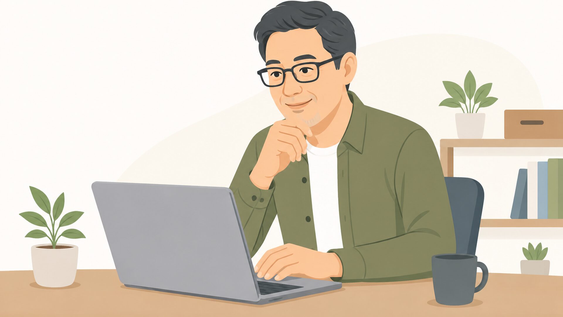 12のアフィリエイトブログ成功例をパソコンで比較している中年男性