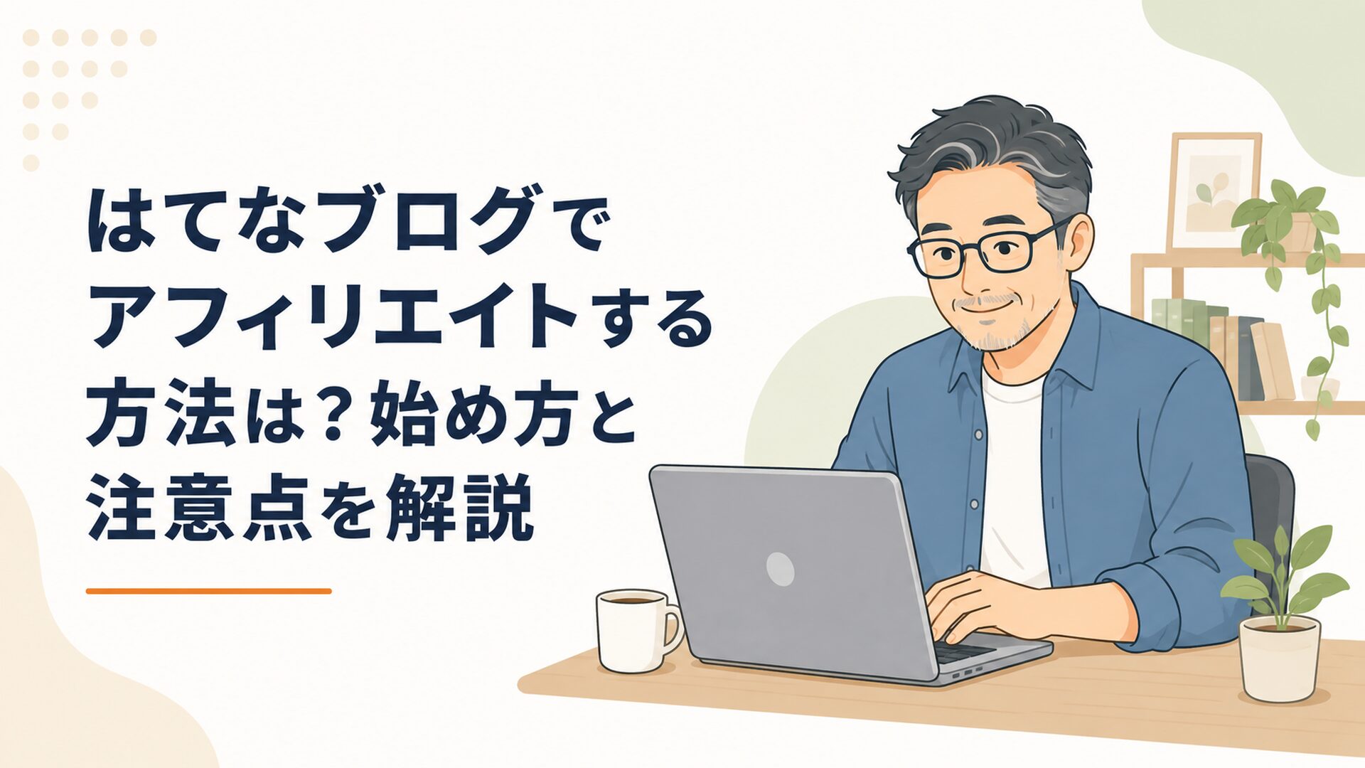 はてなブログでアフィリエイトを始めるためノートパソコンで設定を確認する中年男性