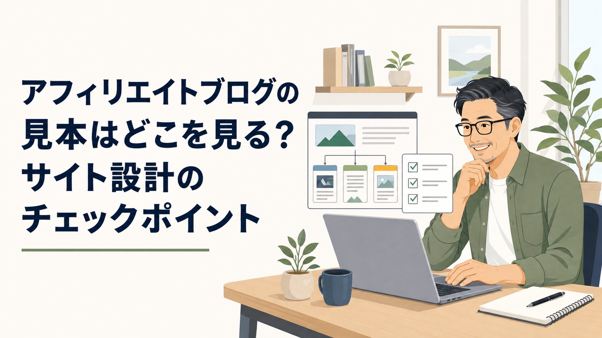 アフィリエイトブログのサイト設計と記事導線をパソコンで分析する男性