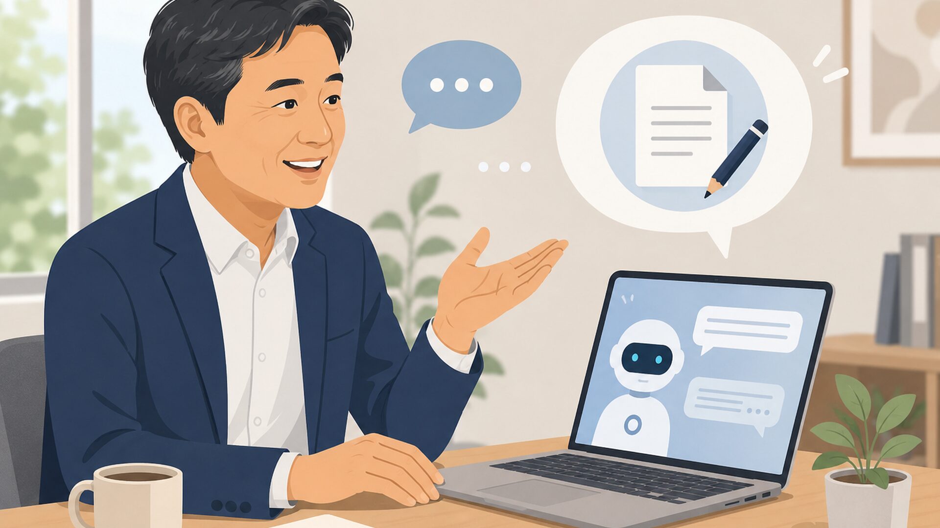 ChatGPTに日本語で文章作成を依頼する会社員とノートパソコン