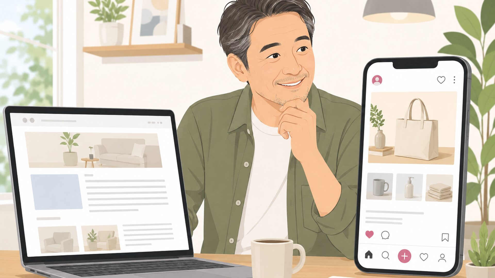 ブログの記事画面と楽天ROOMの商品投稿画面を見比べる人