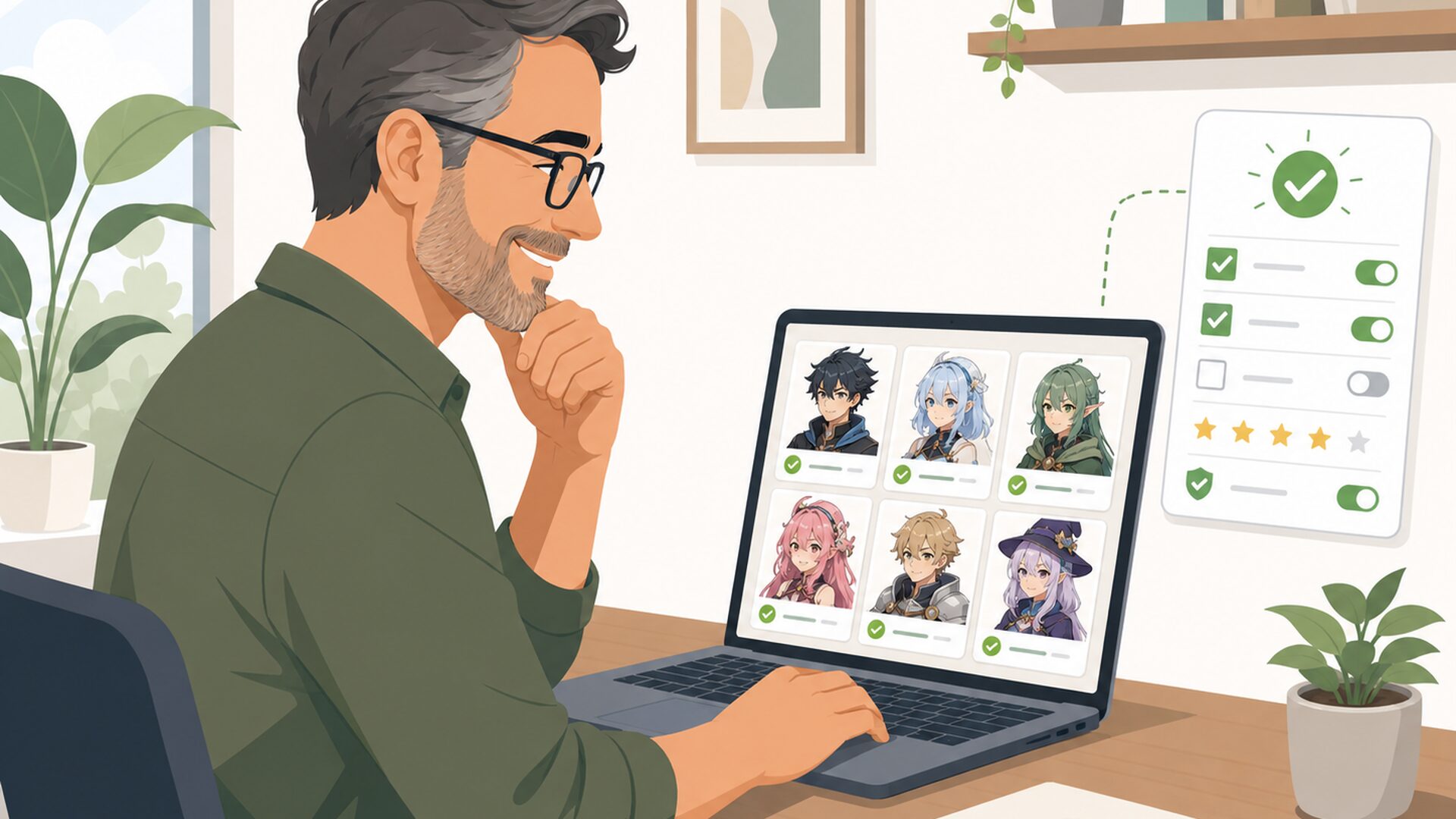 AI生成キャラクターを公開前にパソコン画面で確認する人物とチェック項目