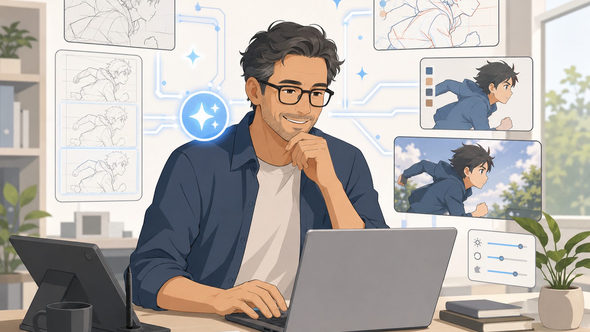 原画・動画・仕上げなどアニメ制作工程をAIが支援する様子