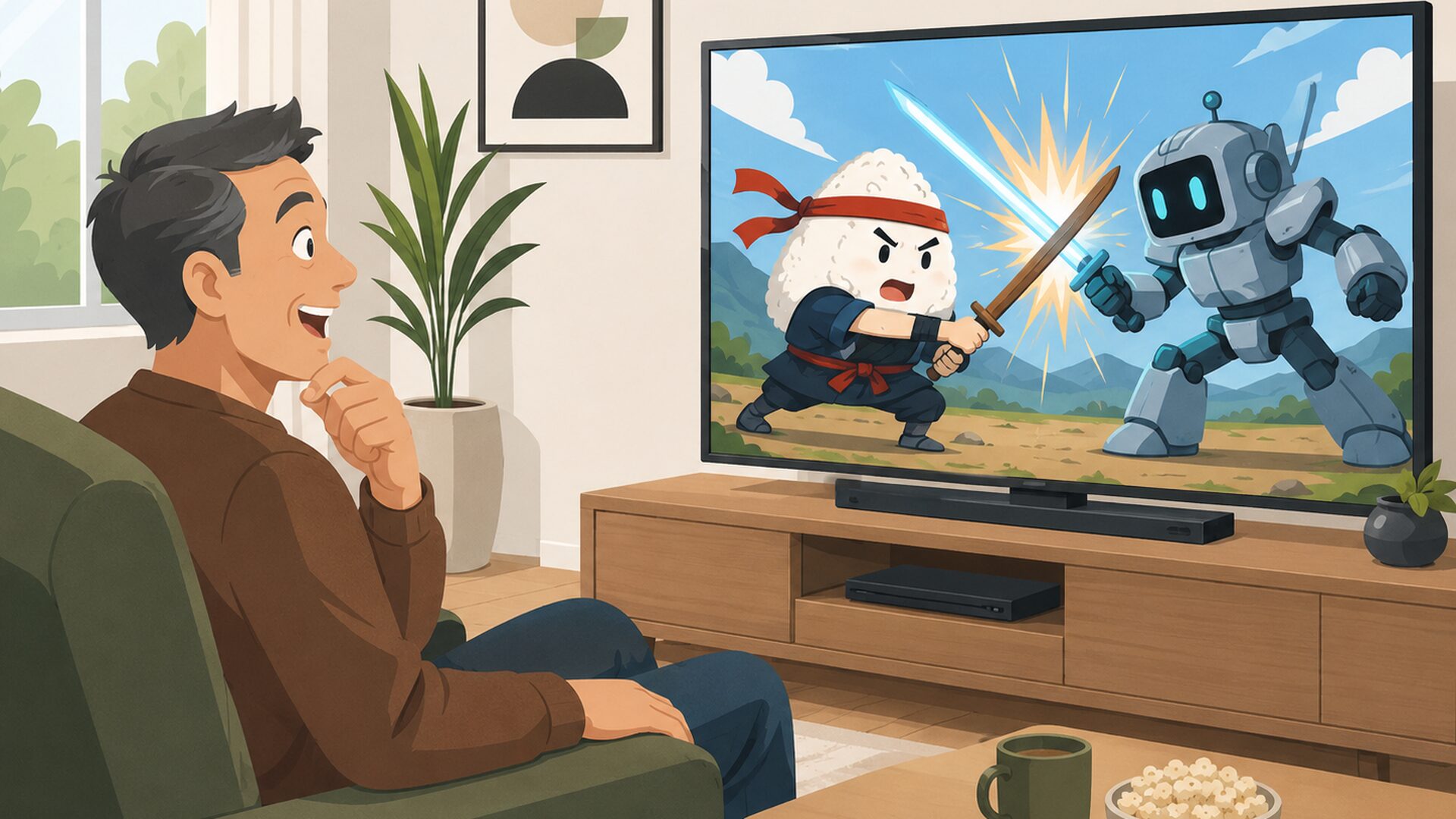 おにぎり少年とロボットが対決するアニメを見るテレビ視聴者