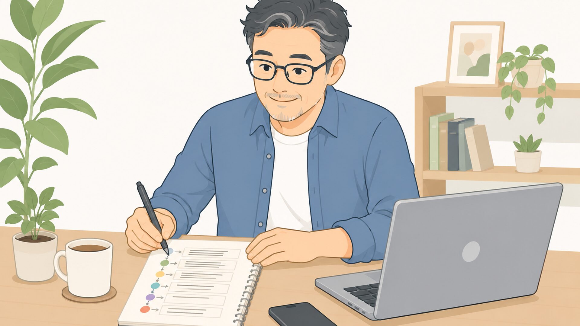 ブログ開設から記事作成と広告リンク掲載までの手順をノートで整理する中年男性