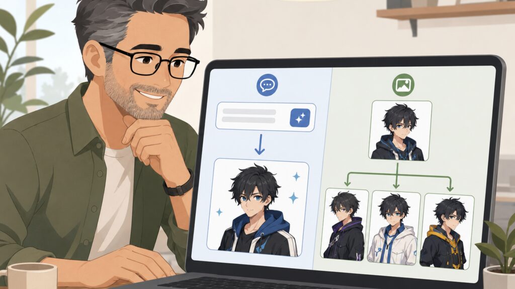 文章から作るT2Iと基準画像から展開するI2Iの違いを示すキャラクター制作画面