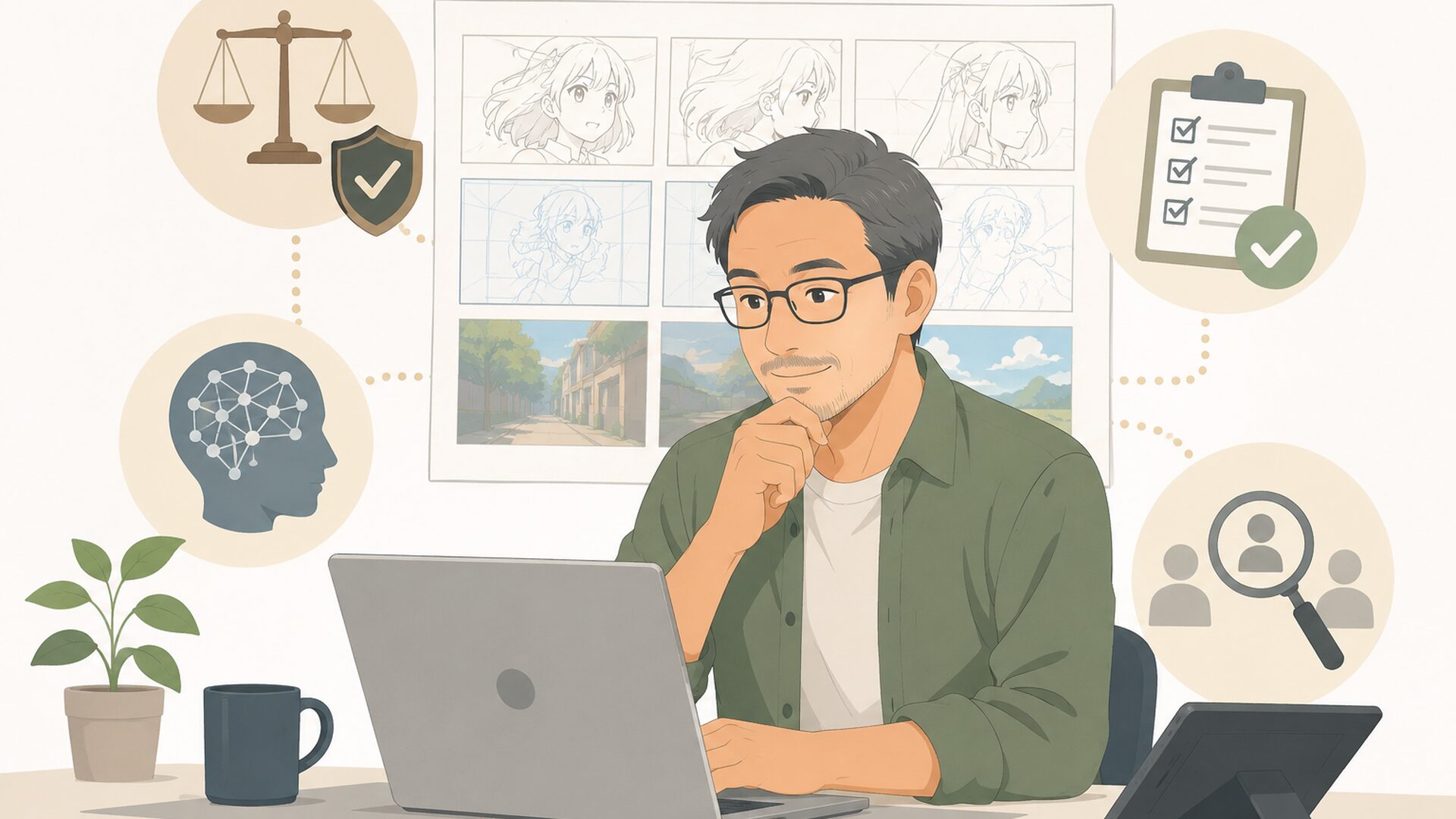 アニメ制作現場でAIの権利・品質・確認作業を検討するスタッフ