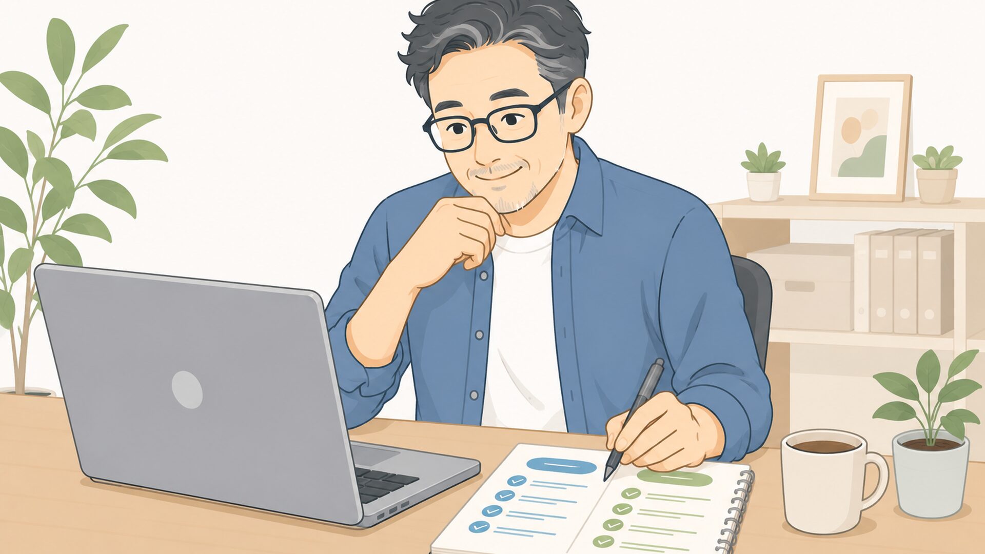 無料版とProの機能の違いをパソコン画面とメモで比較する中年男性