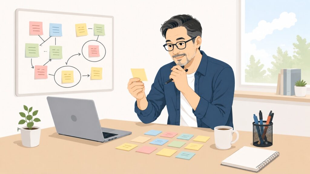読者の疑問を付箋で整理して記事テーマを考える中年男性