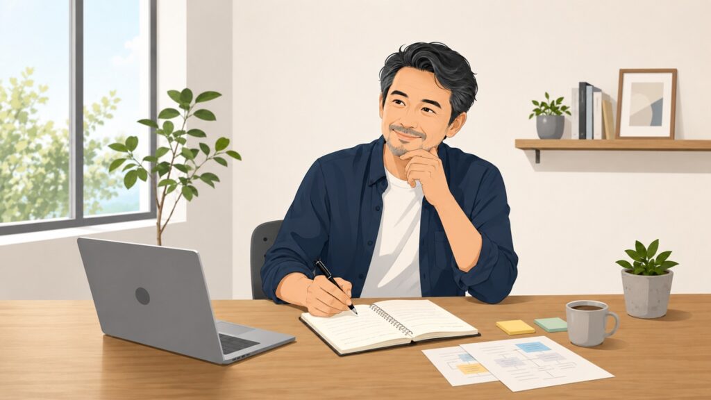 自分の仕事経験や失敗談をノートに整理してブログ記事へ生かす中年男性